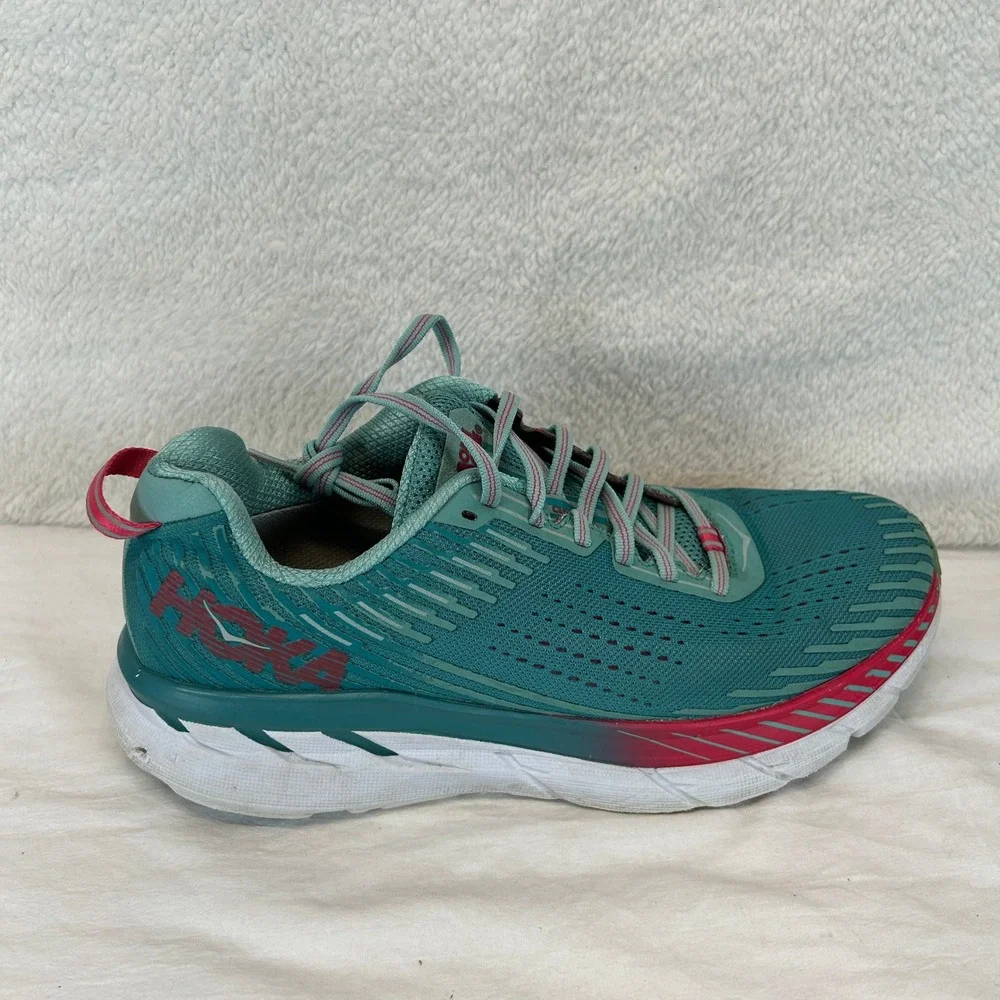Hoka One One Clifton 5 Womens 9.5 Green Red Running Shoes 1093756 GSCN